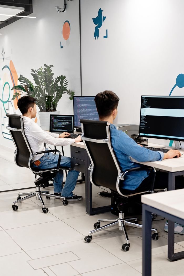 Home Two programmers collaborating in a bright, modern office, coding on monitors.